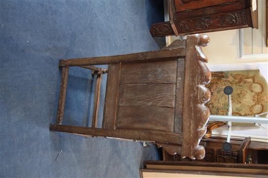 A 17th century oak Wainscot chair, W.2ft 2in. H.3ft 8in. incorporating later timbers